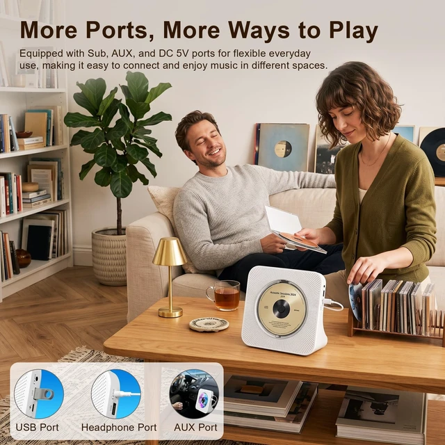 Alt view image 4 of 7 - Portable CD Player with Bluetooth for Home, Hi-Fi Speaker,FM Radio Plug-in desktop use,2-way Bluetooth mode, 3W speakers,Remote control,sleep timer, A-B repeat,USB/AUX,headphone jack