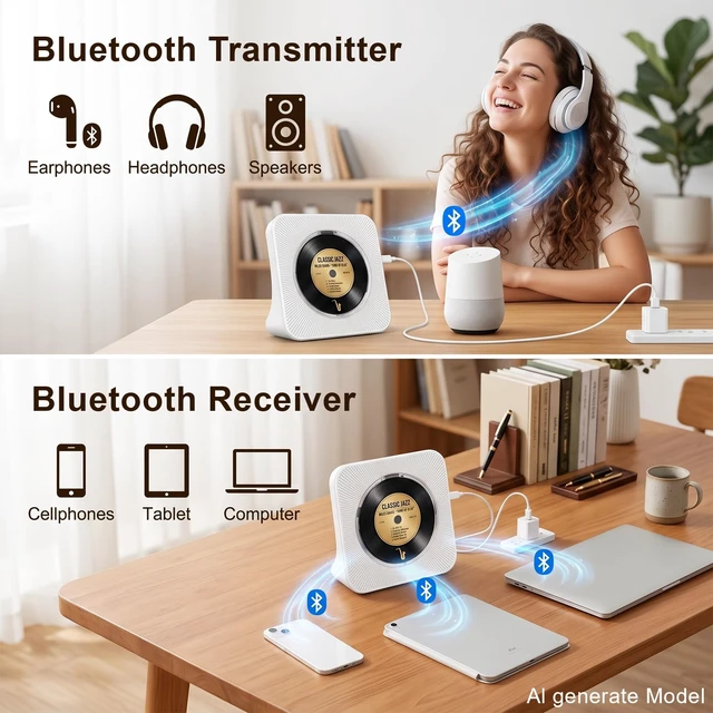 Alt view image 3 of 7 - Portable CD Player with Bluetooth for Home, Hi-Fi Speaker,FM Radio Plug-in desktop use,2-way Bluetooth mode, 3W speakers,Remote control,sleep timer, A-B repeat,USB/AUX,headphone jack