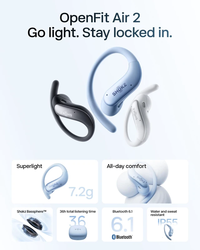 Alt view image 2 of 7 - OpenFit Air 2, Open Earbuds, Black, Water Resistant, Secure Earhooks Hooked on comfort; Natural sound; Open-ear awareness; AI call clarity; IP55; Workout/leisure/work/driving use