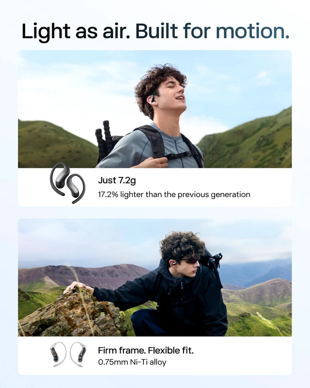 Alt view image 3 of 7 - OpenFit Air 2, Open Earbuds, Black, Water Resistant, Secure Earhooks Hooked on comfort; Natural sound; Open-ear awareness; AI call clarity; IP55; Workout/leisure/work/driving use