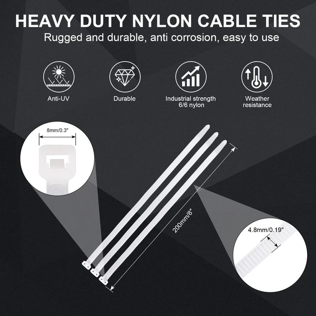 Alt view image 2 of 7 - Clear Zip Ties Heavy Duty 8 Inch(1000 pcs), 50lb, White Cable Ties, Zipties Heavy Duty, 1000 pcs, 50lb