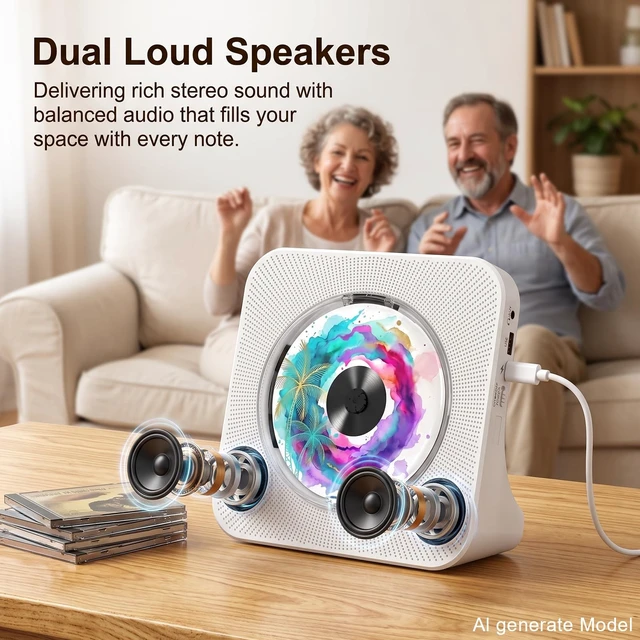 Alt view image 6 of 7 - Portable CD Player with Bluetooth for Home, Hi-Fi Speaker,FM Radio Plug-in desktop use,2-way Bluetooth mode, 3W speakers,Remote control,sleep timer, A-B repeat,USB/AUX,headphone jack