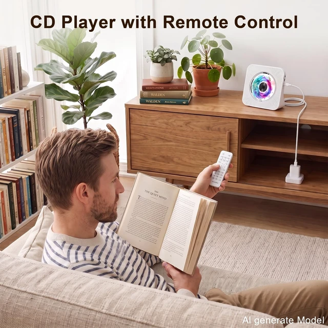 Alt view image 7 of 7 - Portable CD Player with Bluetooth for Home, Hi-Fi Speaker,FM Radio Plug-in desktop use,2-way Bluetooth mode, 3W speakers,Remote control,sleep timer, A-B repeat,USB/AUX,headphone jack