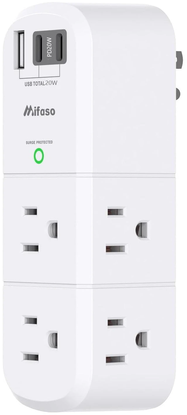 Main image of PD20W USB Outlet Extender with Rotating Plug, 6 AC Multi Plug Wall Outlets 3 USB Ports, 3-Sided Swivel Power Strip Spaced Splitter for Home, Travel Essentials, White