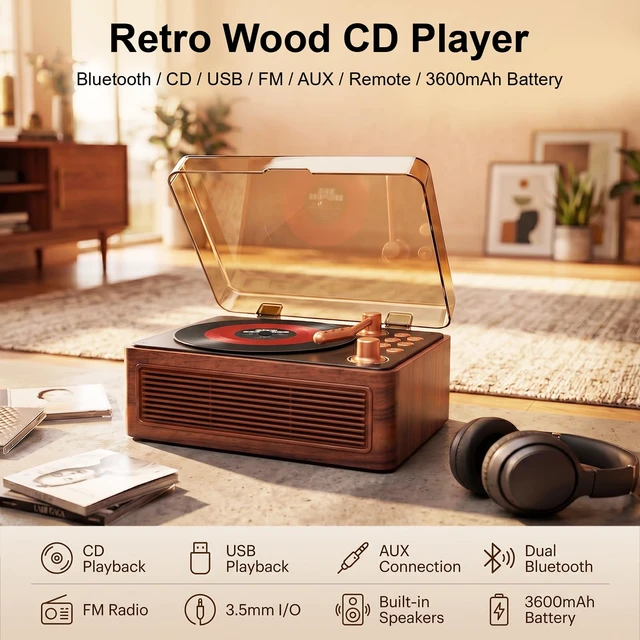 Alt view image 2 of 7 - CD Player for Home Retro, Bluetooth 5.4, Hi-Fi Speaker,FM Radio Portable wood CD music player 3600mAh rechargeable battery, room decor,vintage nostalgic record-style,gift for music lovers