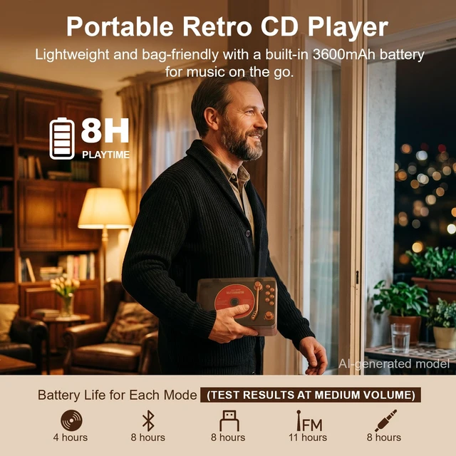 Alt view image 5 of 7 - CD Player for Home Retro, Bluetooth 5.4, Hi-Fi Speaker,FM Radio Portable wood CD music player 3600mAh rechargeable battery, room decor,vintage nostalgic record-style,gift for music lovers