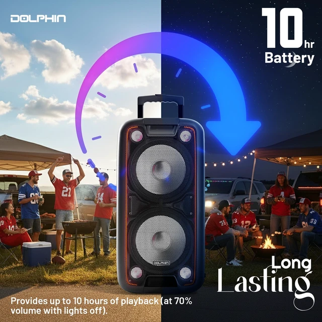Alt view image 2 of 6 - Bluetooth Party Speaker with 2 Wireless Mics, Dual 10" Woofers 1000W Output, SD/FM/USB/AUX/RCA, Guitar & Mic Inputs, Multicolor LED Lights, Rechargeable Battery, Wheels & Handle, Deep Bass