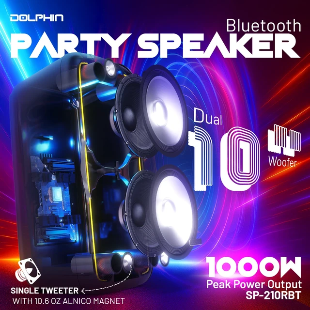 Alt view image 3 of 6 - Bluetooth Party Speaker with 2 Wireless Mics, Dual 10" Woofers 1000W Output, SD/FM/USB/AUX/RCA, Guitar & Mic Inputs, Multicolor LED Lights, Rechargeable Battery, Wheels & Handle, Deep Bass