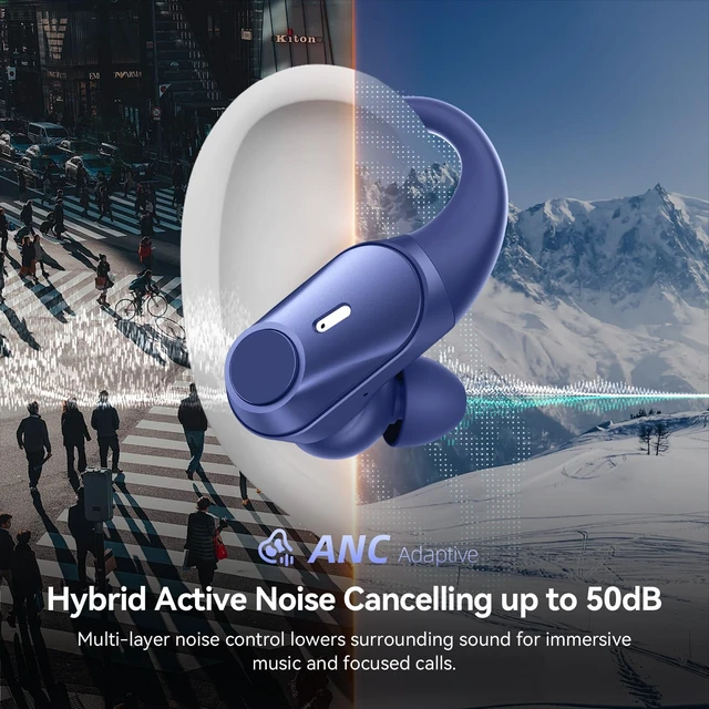 Alt view image 2 of 7 - Active Noise Cancelling Ear Buds Wireless Bluetooth Headphones 80H Playtime Display Charging Case 50dB ANC Over Ear Hooks Earbuds with Hi-Res Sound & Clear Calls for Sports Running Gym Workout Blue