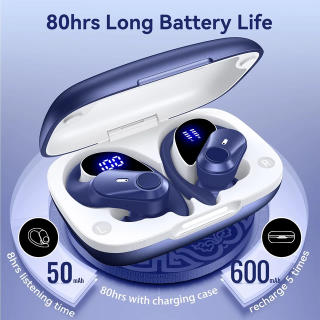 Alt view image 5 of 7 - Active Noise Cancelling Ear Buds Wireless Bluetooth Headphones 80H Playtime Display Charging Case 50dB ANC Over Ear Hooks Earbuds with Hi-Res Sound & Clear Calls for Sports Running Gym Workout Blue