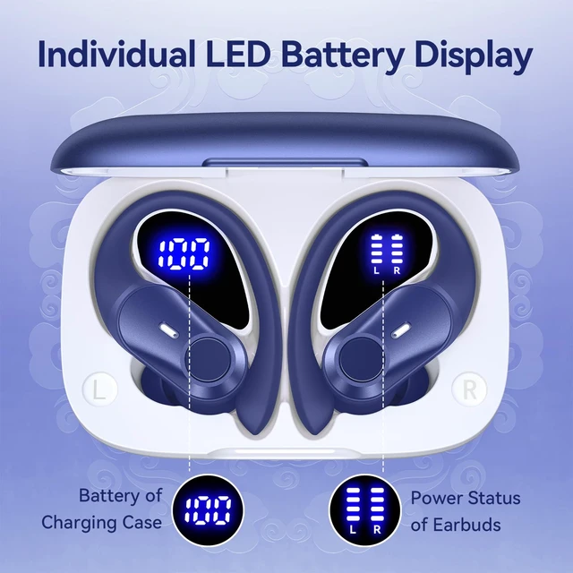 Alt view image 6 of 7 - Active Noise Cancelling Ear Buds Wireless Bluetooth Headphones 80H Playtime Display Charging Case 50dB ANC Over Ear Hooks Earbuds with Hi-Res Sound & Clear Calls for Sports Running Gym Workout Blue