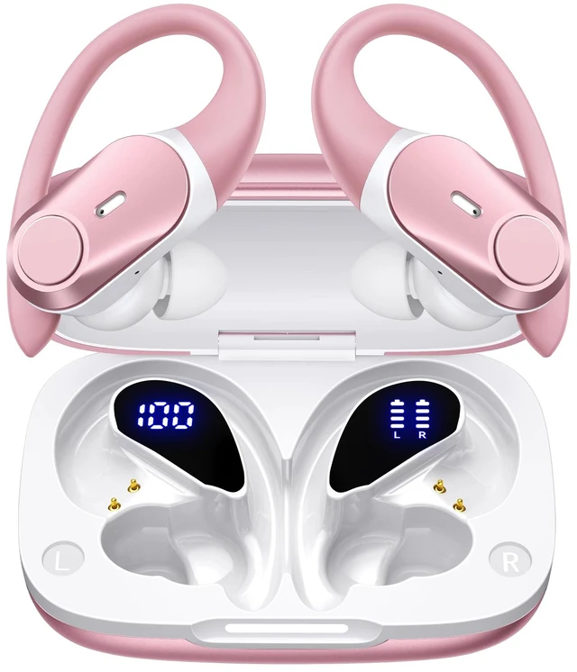 Main image of Active Noise Cancelling Ear Buds Wireless Bluetooth Headphones 80H Playtime Display Charging Case 50dB ANC Over Ear Hooks Earbuds with Hi-Res Sound Clear Calls for Sports Running Gym Workout Rose Gold