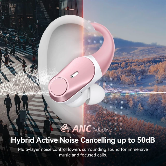 Alt view image 2 of 7 - Active Noise Cancelling Ear Buds Wireless Bluetooth Headphones 80H Playtime Display Charging Case 50dB ANC Over Ear Hooks Earbuds with Hi-Res Sound Clear Calls for Sports Running Gym Workout Rose Gold