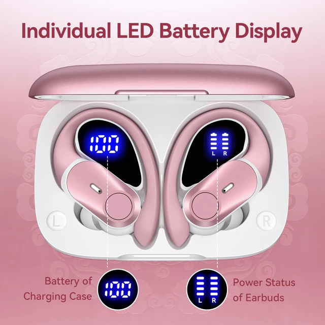 Alt view image 5 of 7 - Active Noise Cancelling Ear Buds Wireless Bluetooth Headphones 80H Playtime Display Charging Case 50dB ANC Over Ear Hooks Earbuds with Hi-Res Sound Clear Calls for Sports Running Gym Workout Rose Gold