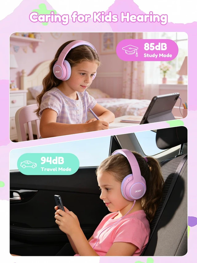 Alt view image 4 of 7 - OHW328 Kids Headphones Wired for School - Over Ear Design 85/94dB Safe Volume, 3.5mm Jack Foldable Headphones for Kids Boys Girls Classroom Yoto Player Chromebook Travel PinkPurple