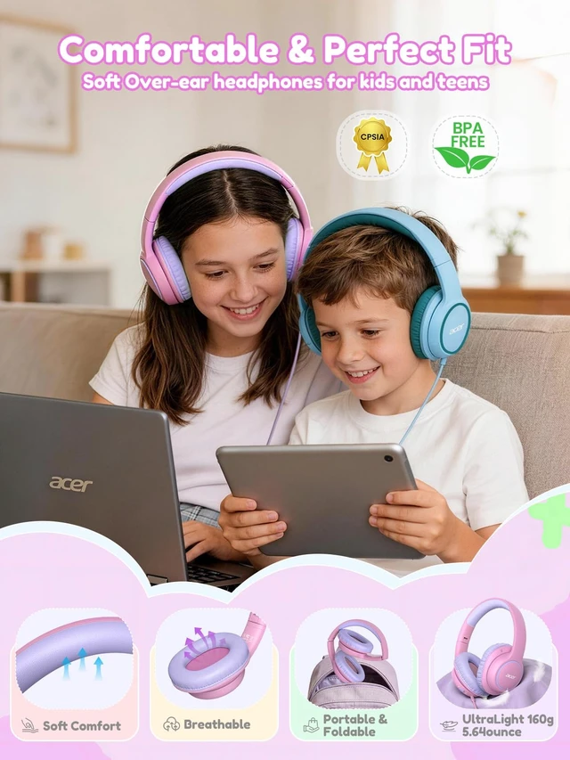 Alt view image 5 of 7 - OHW328 Kids Headphones Wired for School - Over Ear Design 85/94dB Safe Volume, 3.5mm Jack Foldable Headphones for Kids Boys Girls Classroom Yoto Player Chromebook Travel PinkPurple
