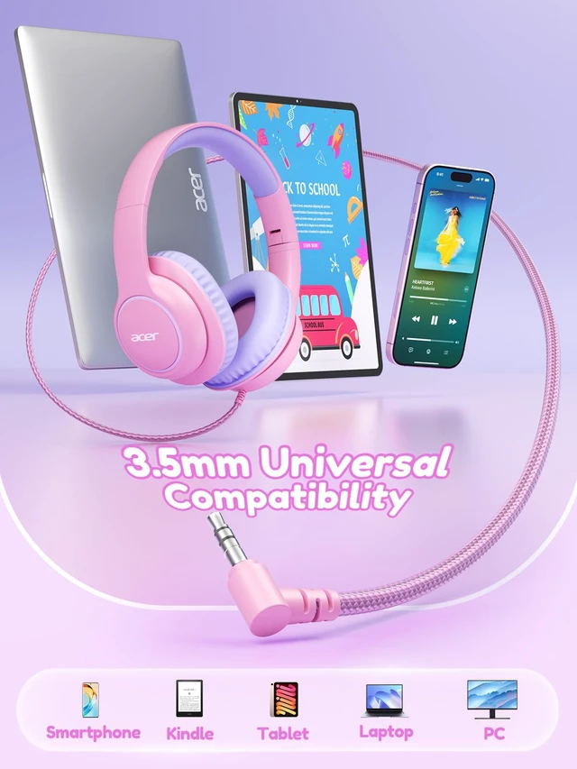 Alt view image 6 of 7 - OHW328 Kids Headphones Wired for School - Over Ear Design 85/94dB Safe Volume, 3.5mm Jack Foldable Headphones for Kids Boys Girls Classroom Yoto Player Chromebook Travel PinkPurple