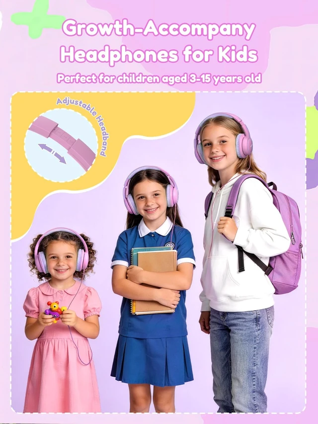 Alt view image 7 of 7 - OHW328 Kids Headphones Wired for School - Over Ear Design 85/94dB Safe Volume, 3.5mm Jack Foldable Headphones for Kids Boys Girls Classroom Yoto Player Chromebook Travel PinkPurple