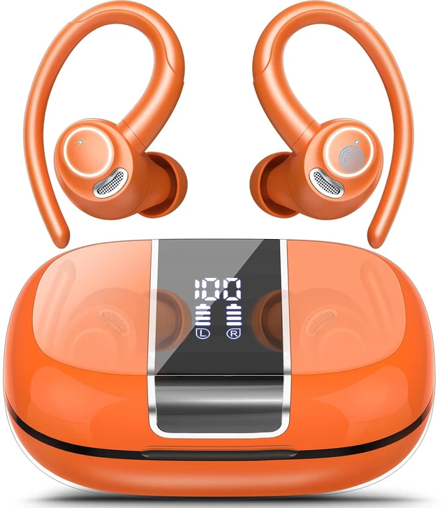 Main image of Wireless Earbuds with Earhook, 48H Deep Bass/ENC Mic Ear Bud Pumpkin Orange Wireless Earphone with LED Display, Bluetooth 5.3 Headphones In Ear, IPX7 Waterproof Over Ear Buds for Running/Workout