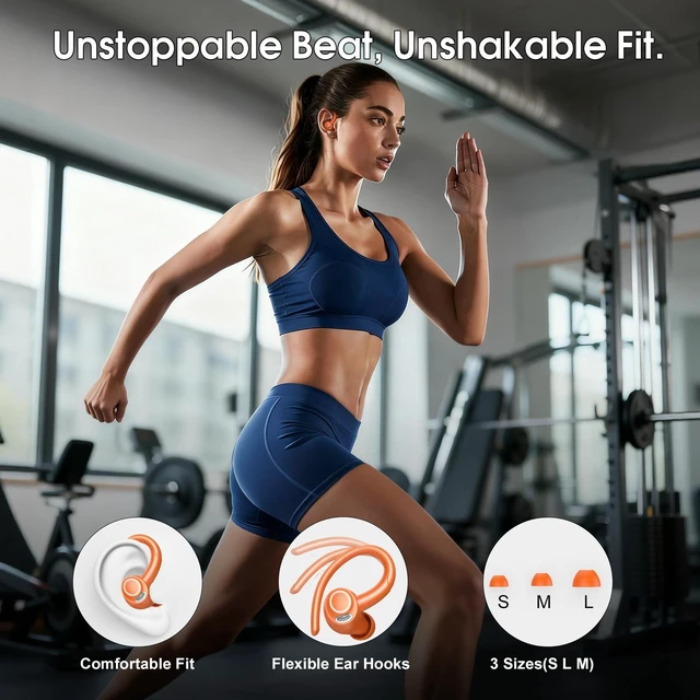 Alt view image 4 of 7 - Wireless Earbuds with Earhook, 48H Deep Bass/ENC Mic Ear Bud Pumpkin Orange Wireless Earphone with LED Display, Bluetooth 5.3 Headphones In Ear, IPX7 Waterproof Over Ear Buds for Running/Workout