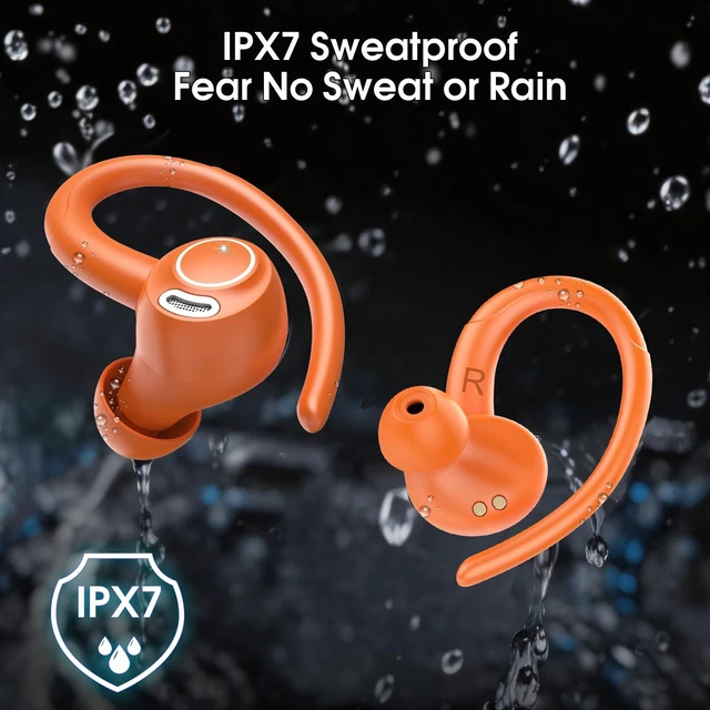 Alt view image 6 of 7 - Wireless Earbuds with Earhook, 48H Deep Bass/ENC Mic Ear Bud Pumpkin Orange Wireless Earphone with LED Display, Bluetooth 5.3 Headphones In Ear, IPX7 Waterproof Over Ear Buds for Running/Workout