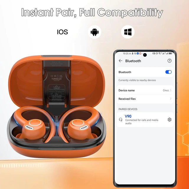 Alt view image 7 of 7 - Wireless Earbuds with Earhook, 48H Deep Bass/ENC Mic Ear Bud Pumpkin Orange Wireless Earphone with LED Display, Bluetooth 5.3 Headphones In Ear, IPX7 Waterproof Over Ear Buds for Running/Workout