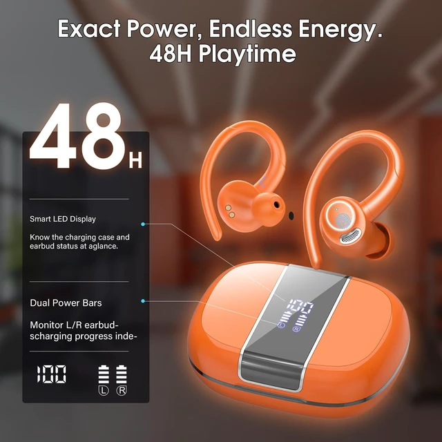 Alt view image 5 of 7 - Wireless Earbuds with Earhook, 48H Deep Bass/ENC Mic Ear Bud Pumpkin Orange Wireless Earphone with LED Display, Bluetooth 5.3 Headphones In Ear, IPX7 Waterproof Over Ear Buds for Running/Workout
