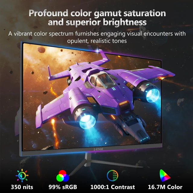 Alt view image 7 of 7 - Z-Edge 24 inch 240Hz 144Hz Gaming Monitor, FHD 1080p, IPS PC Gaming MPRT 1ms, 350nits, 16.7M Colors, 99% sRGB, UG24PJ Frameless Bezel, DP x1, HDMI x1(Black)