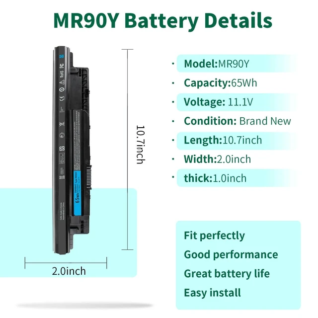 Alt view image 2 of 7 - 65WH MR90Y Battery for Dell Inspiron 17 5000 Series 15 3521 3543 3421 3542 3537 5721 5537 i3531 17-3721 17-5748 17-5749 15-3878 m531r-5535 m731r-5735 Latitude14 3000 3540 Series XCMRD P40F