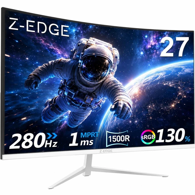 Main image of Z-Edge 27 inch White Gaming Monitor, 1080P 280Hz 240Hz Computer Screen Curved Monitor, 1500R, MPRT 1ms, FreeSync, 350nits, 4000:1 Contrast, UG27P Frameless, DP & HDMI, Metal Stand