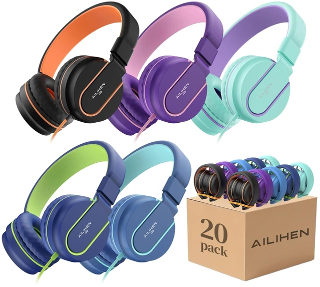 Main image of Classroom Headphones Kids Bulk 20-Pack with Mic for School, 93dB Volume Limited K-12 On-Ear Durable Wired Headset for Students Children, 3.5mm Jack for Chromebooks Tablets Laptop Computer