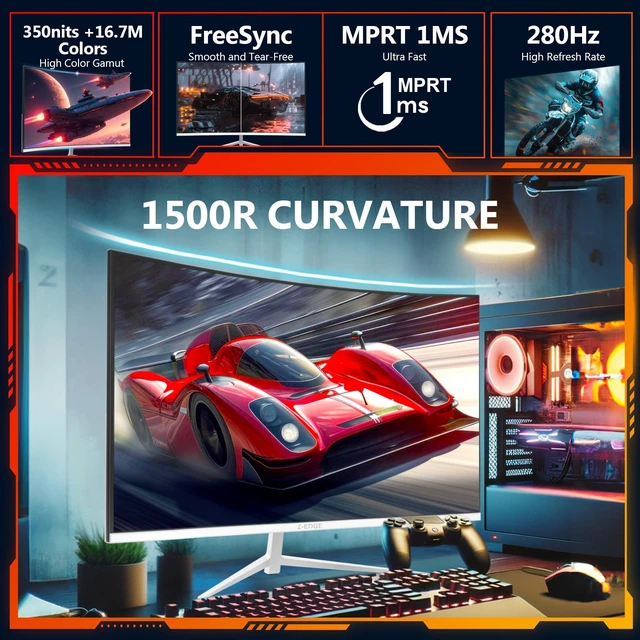 Alt view image 3 of 7 - Z-Edge 27 inch White Gaming Monitor, 1080P 280Hz 240Hz Computer Screen Curved Monitor, 1500R, MPRT 1ms, FreeSync, 350nits, 4000:1 Contrast, UG27P Frameless, DP & HDMI, Metal Stand