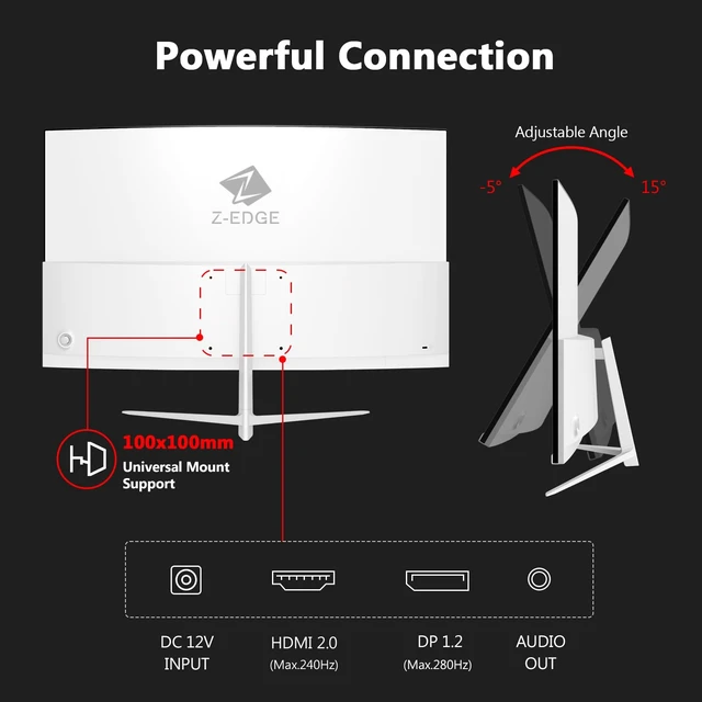 Alt view image 6 of 7 - Z-Edge 27 inch White Gaming Monitor, 1080P 280Hz 240Hz Computer Screen Curved Monitor, 1500R, MPRT 1ms, FreeSync, 350nits, 4000:1 Contrast, UG27P Frameless, DP & HDMI, Metal Stand