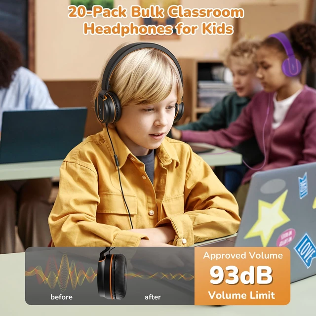 Alt view image 5 of 7 - Classroom Headphones Kids Bulk 20-Pack with Mic for School, 93dB Volume Limited K-12 On-Ear Durable Wired Headset for Students Children, 3.5mm Jack for Chromebooks Tablets Laptop Computer