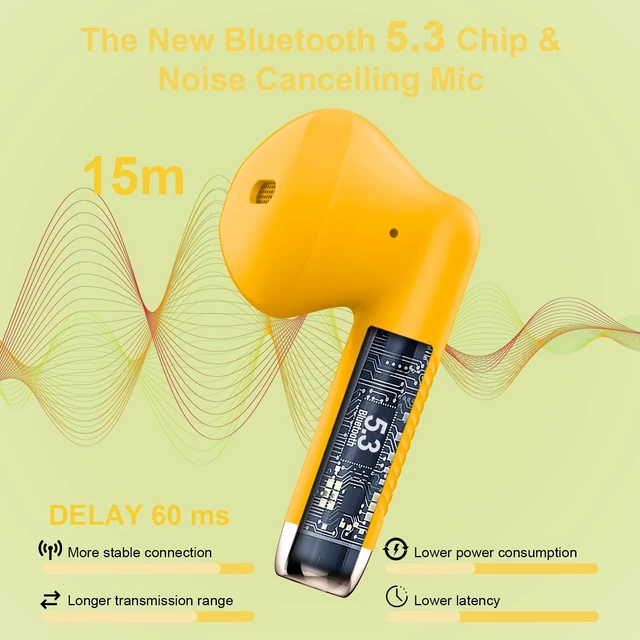 Alt view image 2 of 7 - Wireless Earbuds, Bluetooth 5.4 Headphones in Ear with Noise Cancelling Mic Bluetooth Earbuds Stereo Bass, IP7 Waterproof Sports Earphones, 32H Playtime USB C Charging Ear Buds Yellow for Android iOS