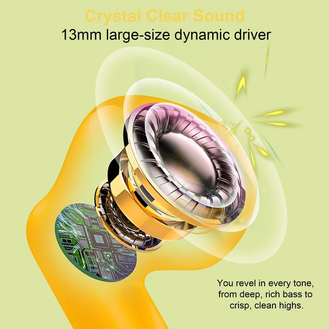Alt view image 3 of 7 - Wireless Earbuds, Bluetooth 5.4 Headphones in Ear with Noise Cancelling Mic Bluetooth Earbuds Stereo Bass, IP7 Waterproof Sports Earphones, 32H Playtime USB C Charging Ear Buds Yellow for Android iOS