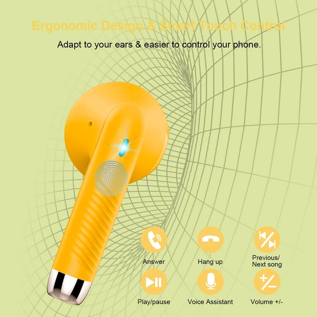 Alt view image 6 of 7 - Wireless Earbuds, Bluetooth 5.4 Headphones in Ear with Noise Cancelling Mic Bluetooth Earbuds Stereo Bass, IP7 Waterproof Sports Earphones, 32H Playtime USB C Charging Ear Buds Yellow for Android iOS