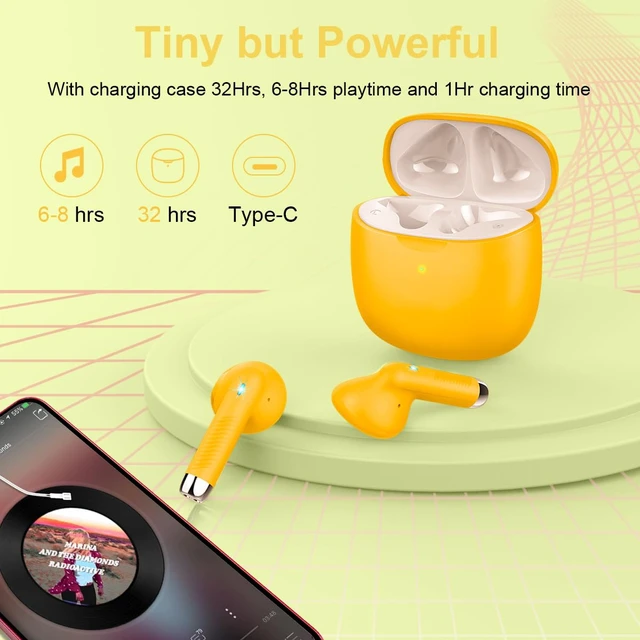 Alt view image 7 of 7 - Wireless Earbuds, Bluetooth 5.4 Headphones in Ear with Noise Cancelling Mic Bluetooth Earbuds Stereo Bass, IP7 Waterproof Sports Earphones, 32H Playtime USB C Charging Ear Buds Yellow for Android iOS