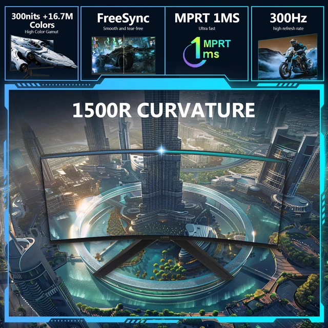 Alt view image 3 of 7 - Z-Edge 27 inch Curved Gaming Monitor, 1080P, 300Hz/240Hz Computer Screen UG27S 1500R Curved Computer Monitor, 1ms, FreeSync, Low Blue Light, Dual DP & HDMI, Metal Stand, for Office & Gaming
