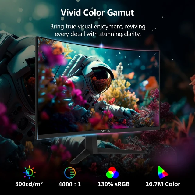 Alt view image 4 of 7 - Z-Edge 27 inch Curved Gaming Monitor, 1080P, 300Hz/240Hz Computer Screen UG27S 1500R Curved Computer Monitor, 1ms, FreeSync, Low Blue Light, Dual DP & HDMI, Metal Stand, for Office & Gaming
