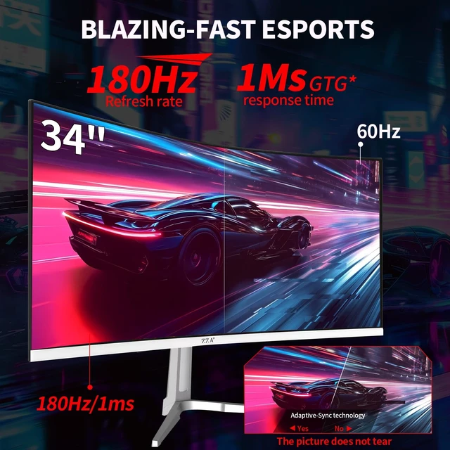 Alt view image 5 of 7 - UltraWide 34 Inch Curved Monitor 1500R PC Screen 180hz Refresh Rate WQHD 3440x1440 Computer Gaming Monitor VA PanelAMD FreeSync Premium HDR10 99% sRGB VESA
