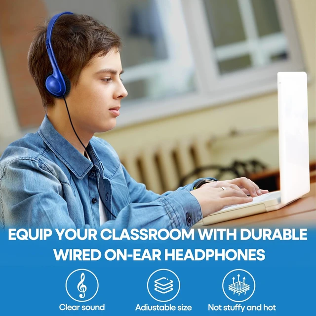Alt view image 7 of 7 - 100 Pack Classroom Headphones Bulk for Kids School Class Set Headsets for Students Teens Toddler Childeren and Adults, Wholesale 3.5mm Pulg Wired Earphones-Upgrade (Dark Blue, 100 Pack)