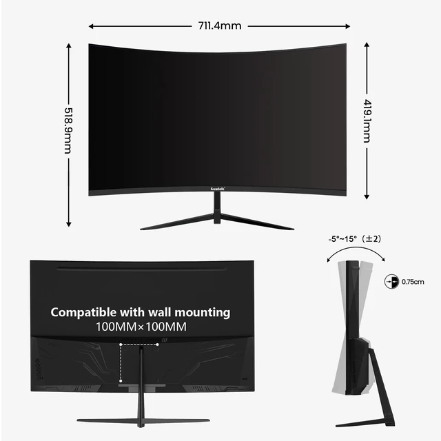 Alt view image 6 of 7 - 32 inch 2K QHD(2560×1440P) 165Hz Curved Gaming Monitor,PC Screen, 1msFreeSync, 98% sRGB178° wide viewing angleDisplayPortHDMI, Wall Mount Compatible 100*100MM Wall - Black
