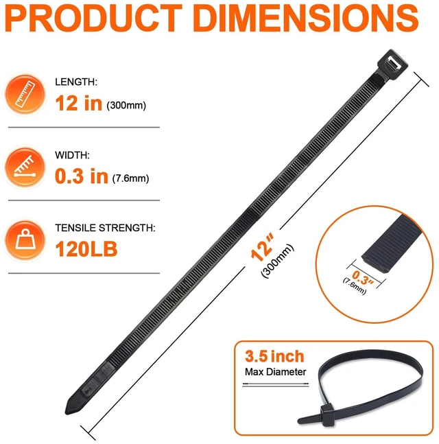 Alt view image 2 of 7 - 12 Inch Black Zip Ties Heavy Duty, 120 LBS Test Cable Ties, 100 Pack Adjustable Self-Locking,0.3" Extra Width, UV-Resistant, UL Listed, Durable Nylon Wire Tie, Indoor Outdoor Use,Patented Design