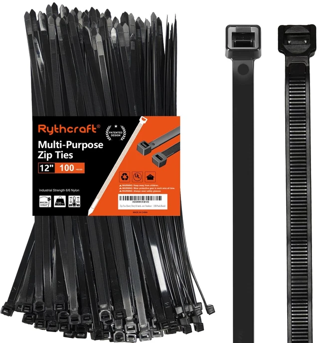 Main image of 12 Inch Black Zip Ties Heavy Duty, 120 LBS Test Cable Ties, 100 Pack Adjustable Self-Locking,0.3" Extra Width, UV-Resistant, UL Listed, Durable Nylon Wire Tie, Indoor Outdoor Use,Patented Design