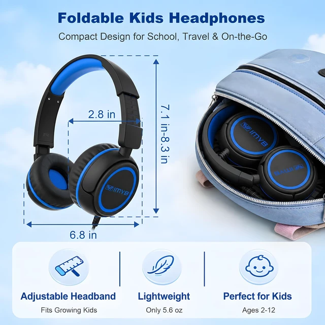 Alt view image 6 of 7 - V1 Kids Headphones, Wired Stereo Foldable Tangle-Free 3.5mm Adjustable On-Ear Headphones for Kids for School/Toddlers/Childrens/Teens/Boys/Girls/Ipad/Tablet/Kindle/Phones/Travel/Plane (Black)