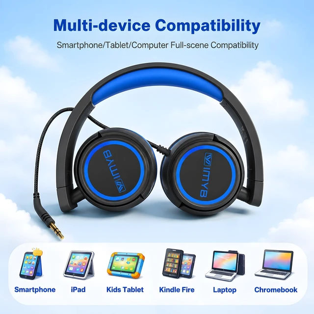Alt view image 7 of 7 - V1 Kids Headphones, Wired Stereo Foldable Tangle-Free 3.5mm Adjustable On-Ear Headphones for Kids for School/Toddlers/Childrens/Teens/Boys/Girls/Ipad/Tablet/Kindle/Phones/Travel/Plane (Black)