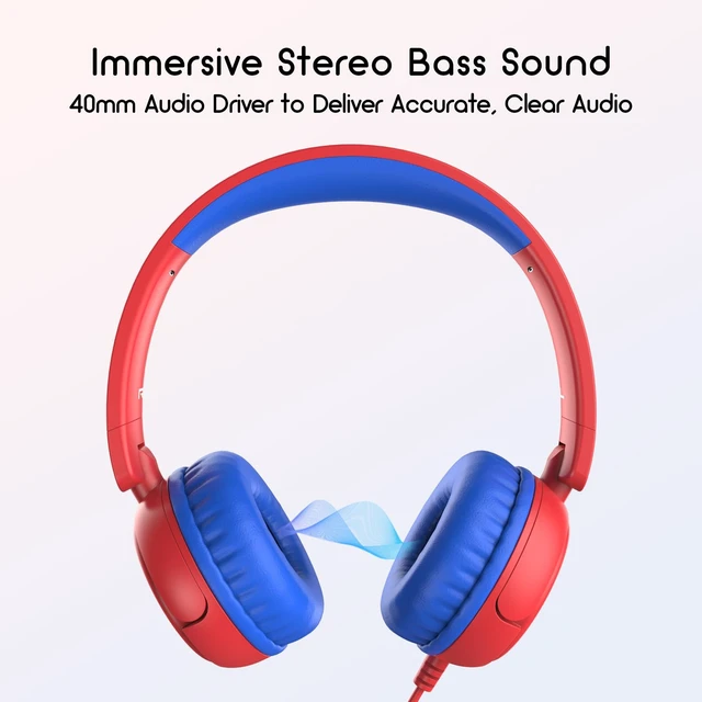 Alt view image 3 of 6 - Kids Headphones Wired, Stereo Foldable Tangle-Free 3.5mm Jack Adjustable On-Ear Headphones for Kids/Toddlers/Children/Teens/Boys/Girls/School/Ipad/Tablet/Kindle/Phones/Travel/Plane (Red)