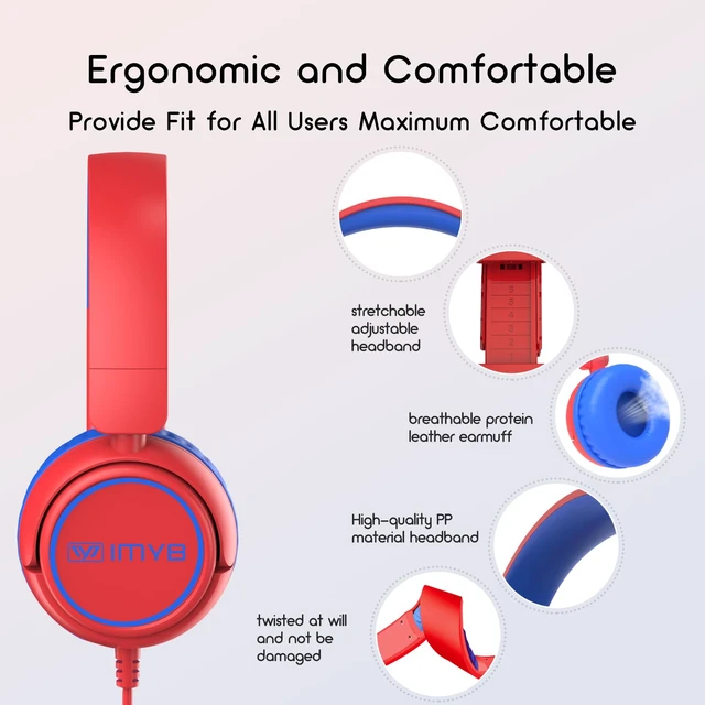 Alt view image 6 of 6 - Kids Headphones Wired, Stereo Foldable Tangle-Free 3.5mm Jack Adjustable On-Ear Headphones for Kids/Toddlers/Children/Teens/Boys/Girls/School/Ipad/Tablet/Kindle/Phones/Travel/Plane (Red)