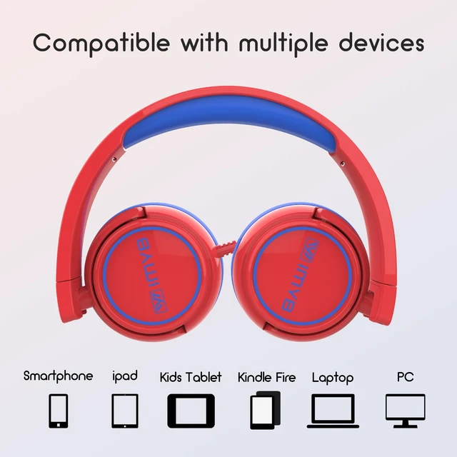 Alt view image 5 of 6 - Kids Headphones Wired, Stereo Foldable Tangle-Free 3.5mm Jack Adjustable On-Ear Headphones for Kids/Toddlers/Children/Teens/Boys/Girls/School/Ipad/Tablet/Kindle/Phones/Travel/Plane (Red)